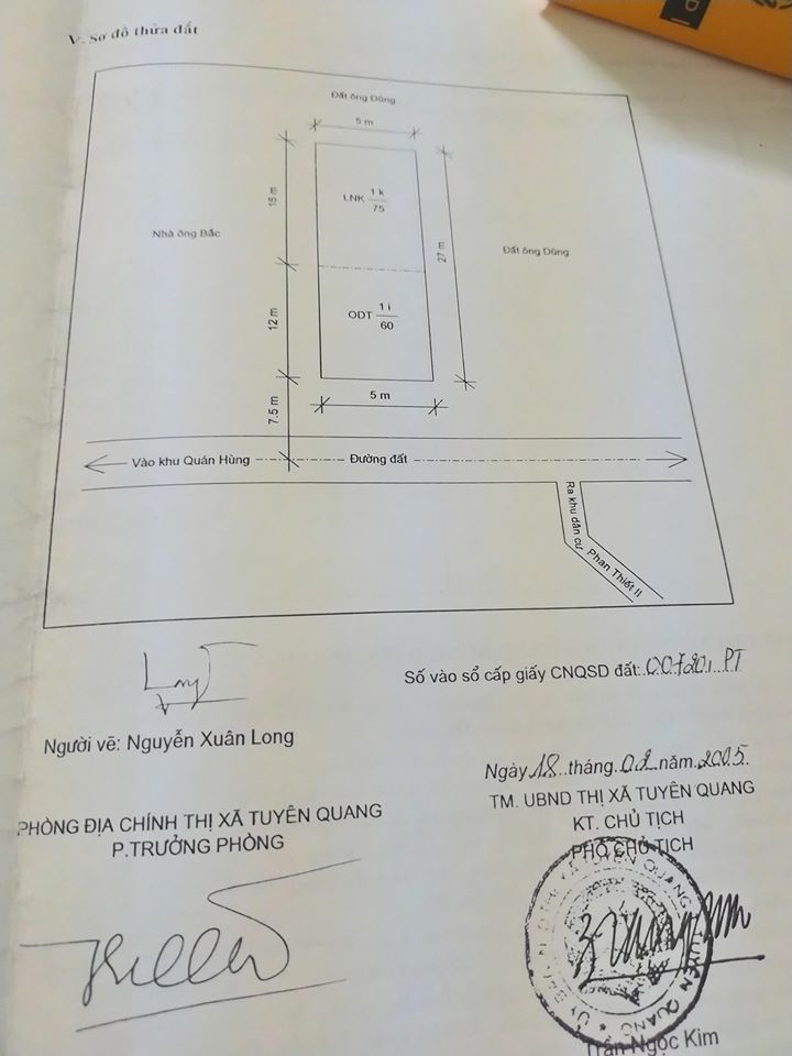 Cần bán lô đất rộng 216m2 rộng 8m sâu 27m trong đó có 96m đất thổ cư trung tâm TP Tuyên Quang