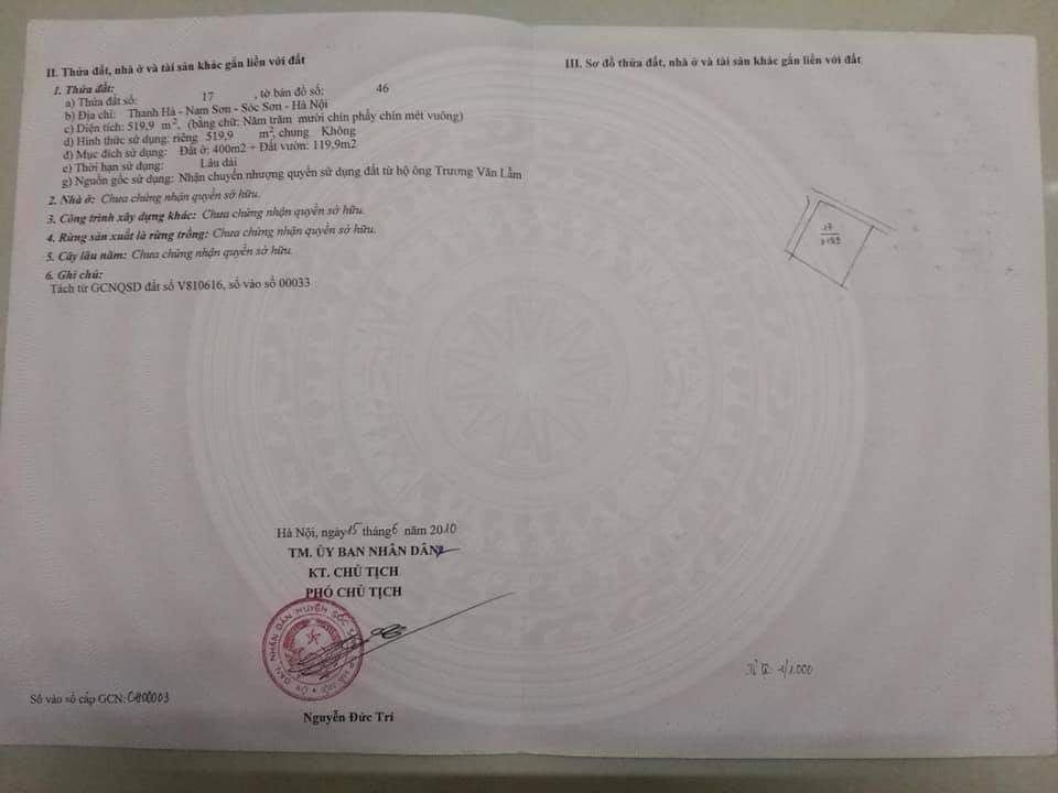 Chính chủ cần bán 519m2 đất tại thôn Thanh hà Sóc Sơn.