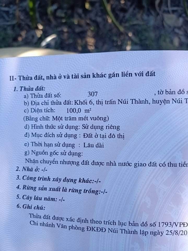 Cần bán lô đất khối 5 thị trấn Núi Thành DT 5x20 đất ở hoàn toàn đường chà bá có điện đường.