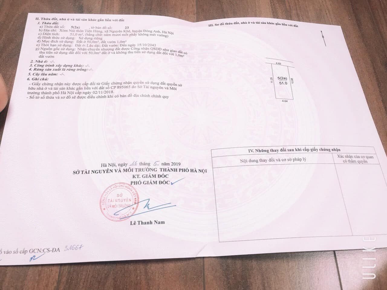 Cần Bán 2 lô 51M2 Xóm Núi -Nguyên Khê- Đông Anh - HN - 2 Mặt Tiền , 5M Hướng Bắc Hướng đông 9M