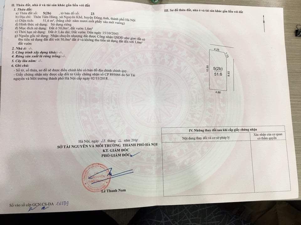 Cần Bán 2 lô 51M2 Xóm Núi -Nguyên Khê- Đông Anh - HN - 2 Mặt Tiền , 5M Hướng Bắc Hướng đông 9M