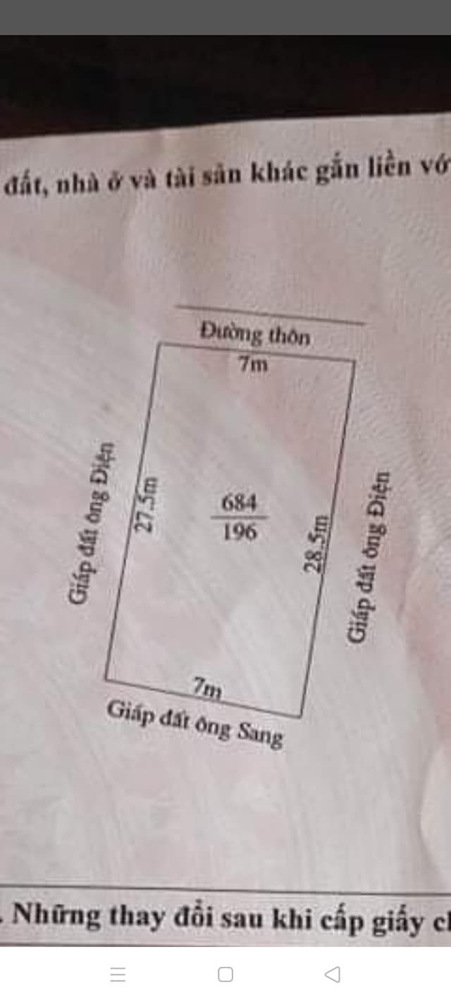 Bán lô đất 196m2.Diện tích 200m2 mà giá chưa tới 700 tr . RẺ QUÁ TRỜI. xóm Cộng . xã Đông Thịnh