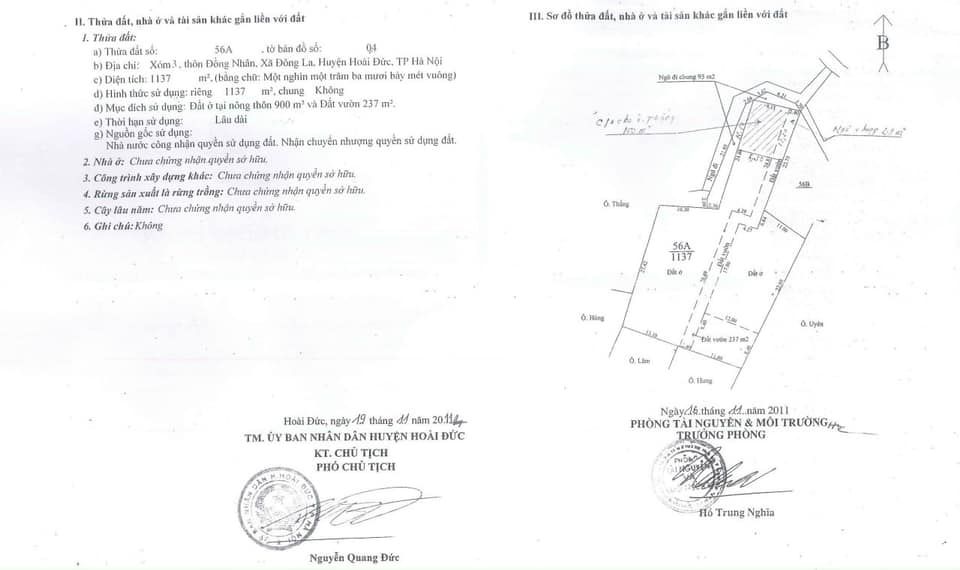 CHÍNH CHỦ CẦN BÁN CẮT LỖ LÔ ĐẤT THỔ CƯ 1000 M2 TẠI ĐÔNG LA - HOÀI ĐỨC - HÀ NỘI