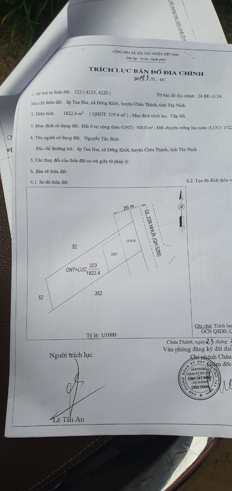 Cần bán đất ấp tua hai xã đồng khởi đường q22 giá 210tr/m có thổ cư lh 0972960420