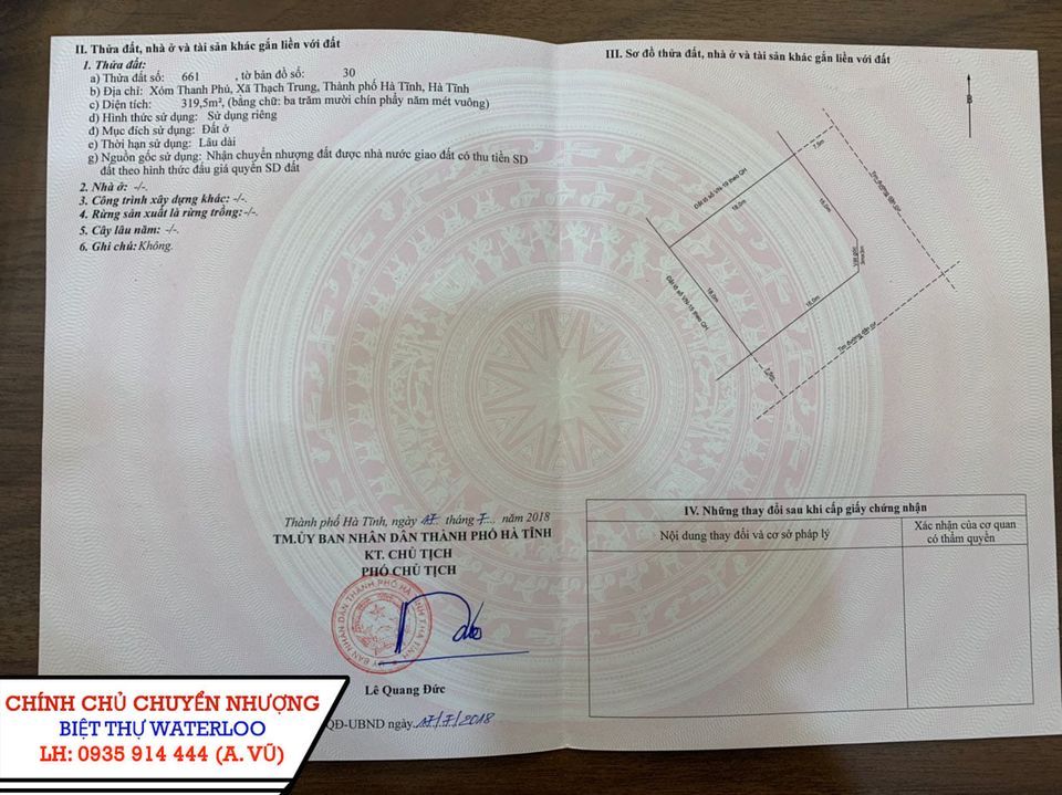 Chính chủ cần bán biệt thự Waterloo Nhà hướng Nam, 2 mặt tiền, khu dân cư an ninh, Thạch Trung