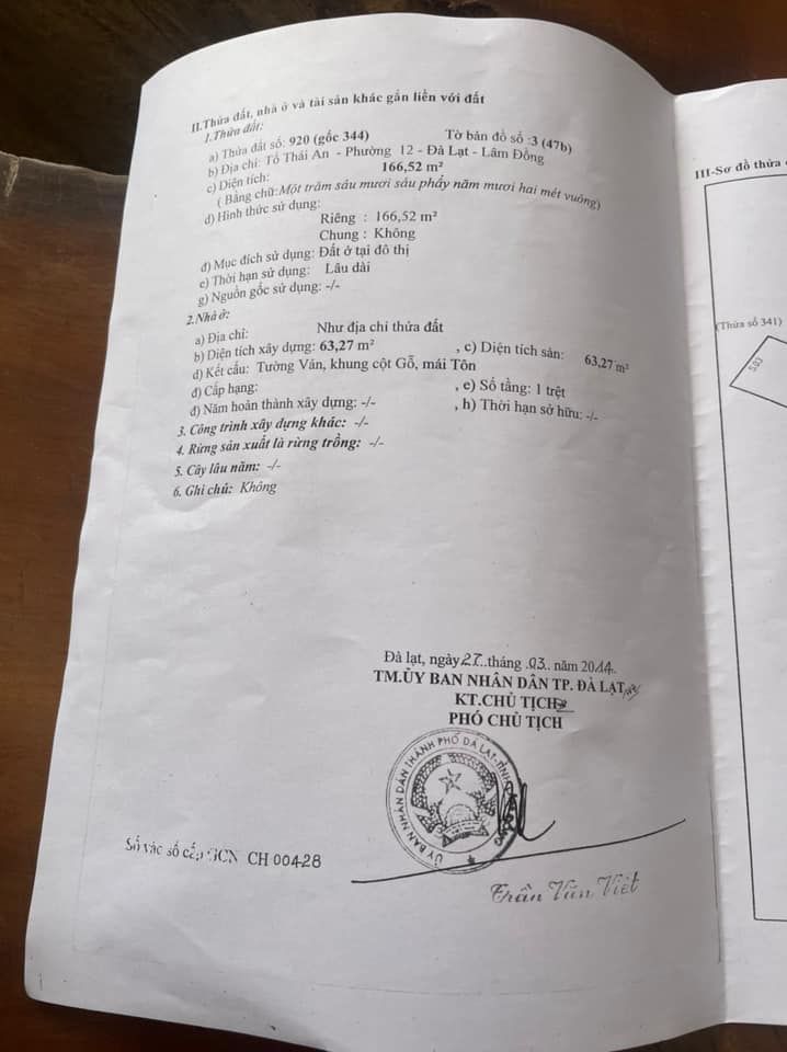 Chính chủ cần bán nhà và đất mặt tiền đường Thái Phiên Đà Lạt