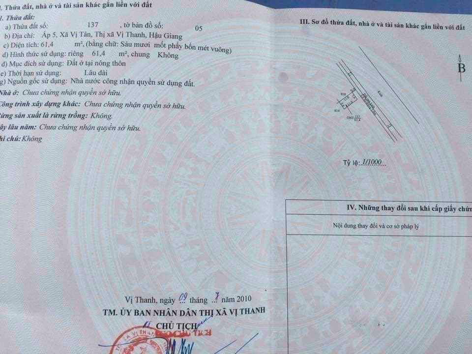 BÁN NỀN THỔ CƯ KÊNH 59 VỊ TÂN, TP. VỊ THANH, HG Nền cao ráo. Đất đẹp vuông vứt