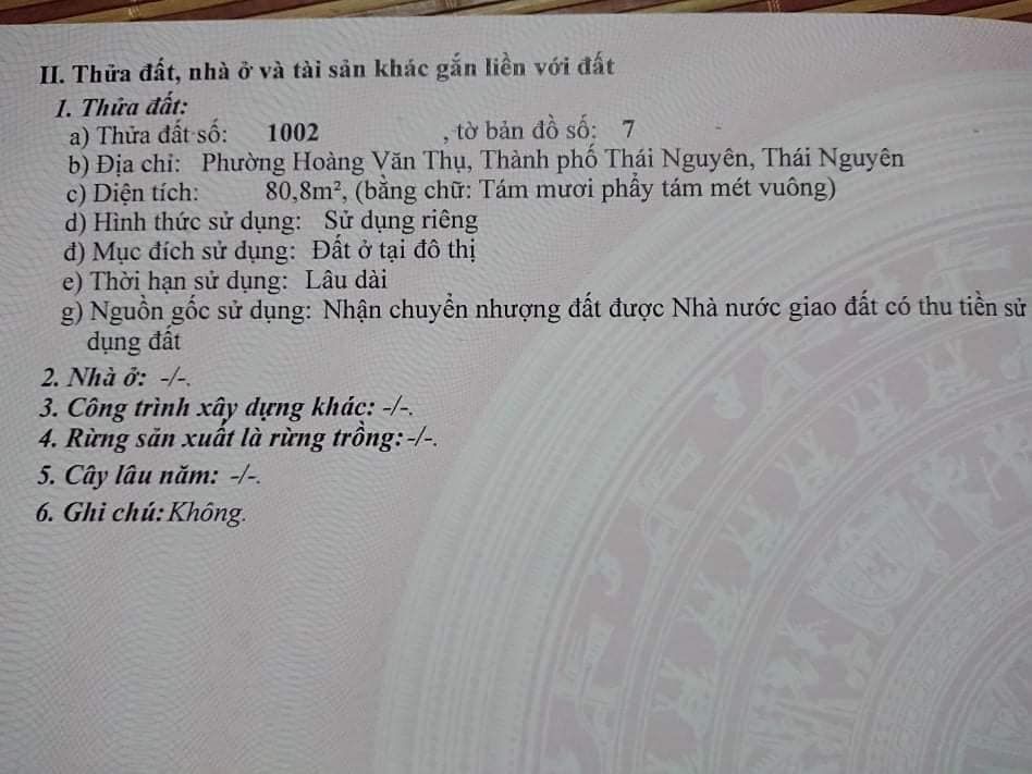Bán lô đất giữa trung tâm TPTN phường Hoàng Văn Thụ gần cứu hỏa cũ, gần ĐH sư Phạm, gần Sở Giáo Dục