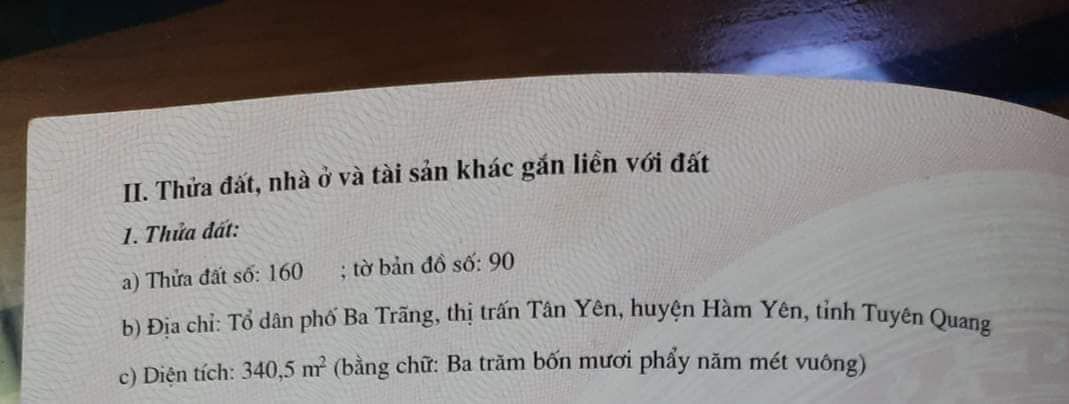cần bán mảnh đất ở , gần km37 thị trấn Tân Yên huyện Hàm Yên , rộng 9m mặt đường, dài gần 40m