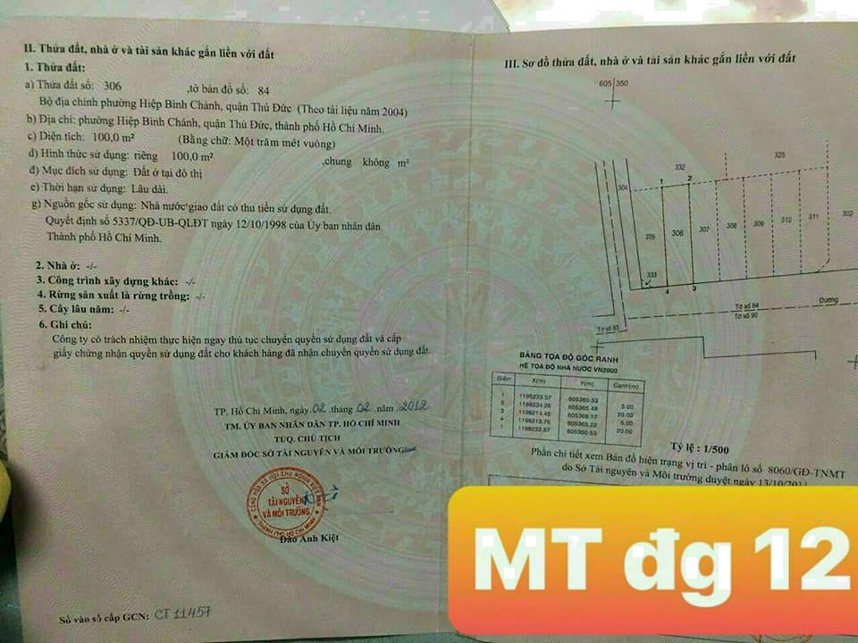 Bán Đất Mặt tiền đường 12 , khu phố 2 . Sau Coopmart Bình Triệu , Quốc Lộ 13 , P Hiệp Bình Chánh