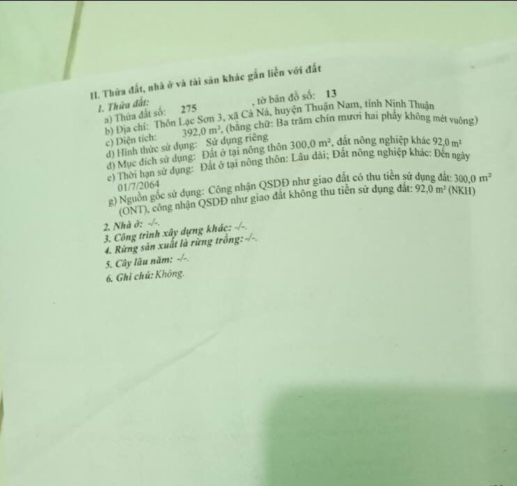 Cần bán 1 lô đất ở Lạc Sơn 3, Cà Ná, gần quán cơm Việt Thảo. Diện tích 392 m2 có 300 m2 đất thổ cư