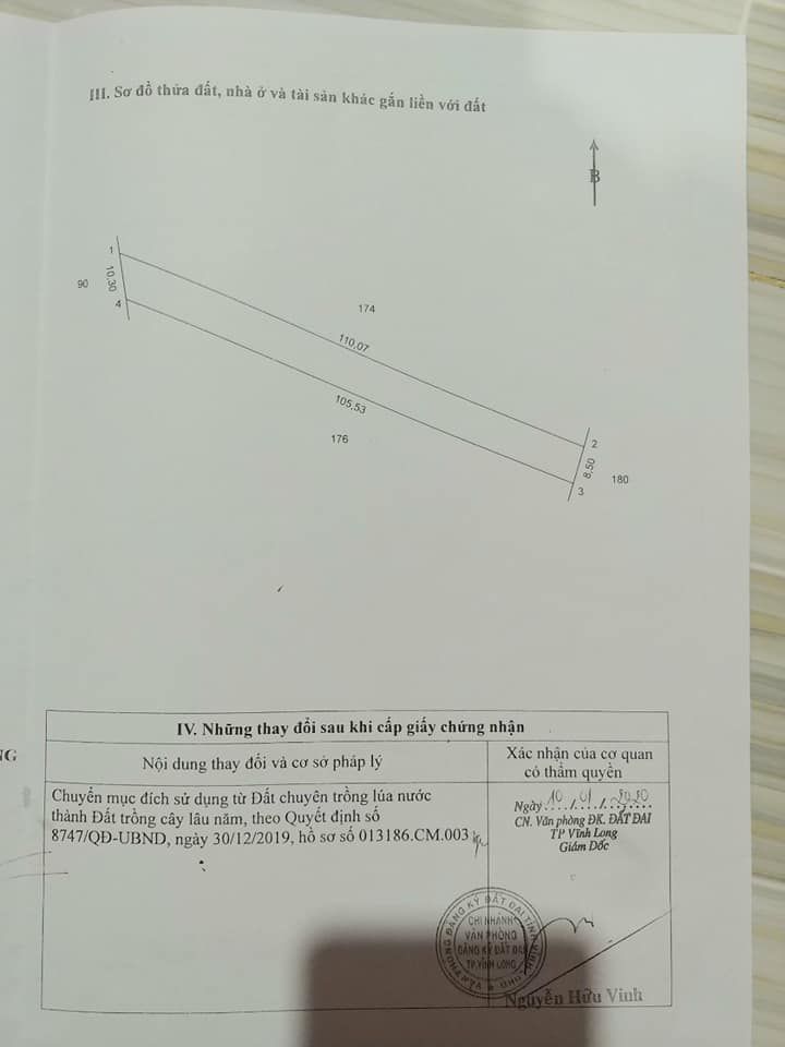 Cần bán đất trồng cây lâu năm khu vực Khóm Vĩnh Bình, Phường Tân Ngãi, TPVL Diện tích 1419,9 m2