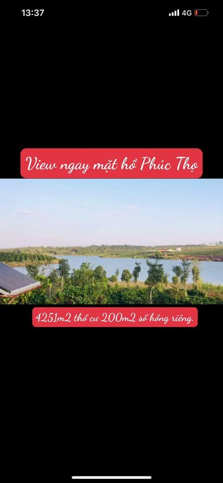 Bán đất view hồ Phúc Thọ, Lâm Hà, Lâm Đồng Diện tích 4251m2 có sẵn 200m2 thổ cư sổ hồng riêng