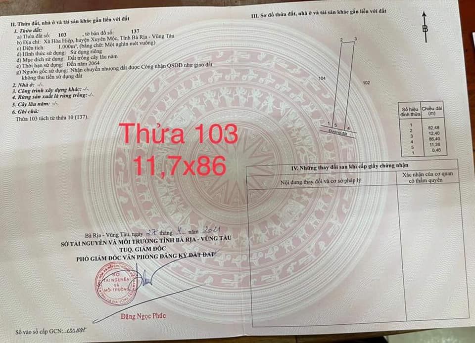 Lên 3 lô siêu đẹp Đất xã Hoà Hiệp, huyện Xuyên Mộc, tỉnh BRVT. Dt 1000m2, ktc, mt đường đất 5m