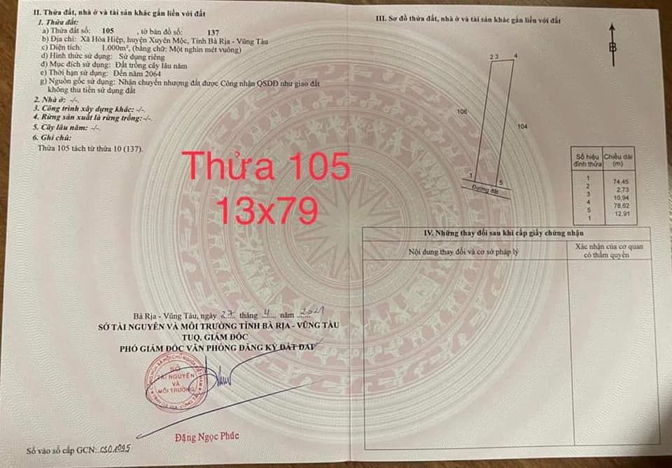 Lên 3 lô siêu đẹp Đất xã Hoà Hiệp, huyện Xuyên Mộc, tỉnh BRVT. Dt 1000m2, ktc, mt đường đất 5m