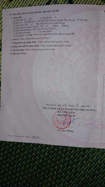 Chính chủ cần bán lô đất thị trấn Phú xuyên,120m2, mặt tiền 8m, hậu 8m lưu không gần 100m