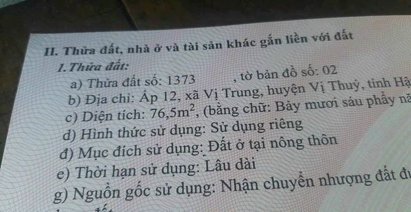 BÁN NỀN THỔ CƯ TẠI KDC CHỢ XÃ VỊ TRUNG, VỊ THỦY, Hậu Giang