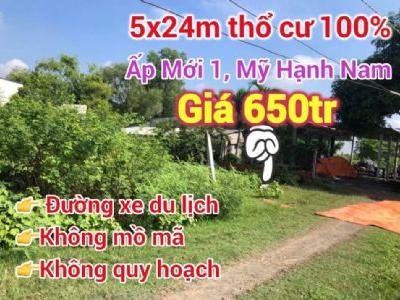 Lô đất giá rẻ gần chợ Mỹ Hạnh Nam Diện tích : 5x24m thổ cư 100%, Shr Giá 650tr