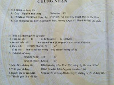 Chính chủ Bán Nhanh lô đất 10x45=450m tại Khu Dân Cư quy hoạch ô bàn cờ, trung tâm xã Phạm Văn Cội.