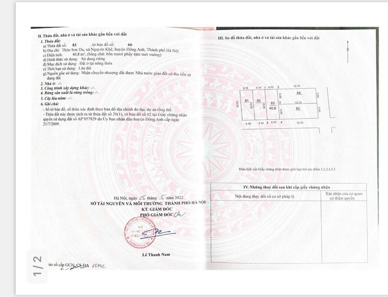 Bán 40,8m tại Sơn Du- Nguyên Khê- ĐA- HN giá rẻ hơn 2-3 giá các lô bên cạnh Mặt tiền và hậu: 4,10m