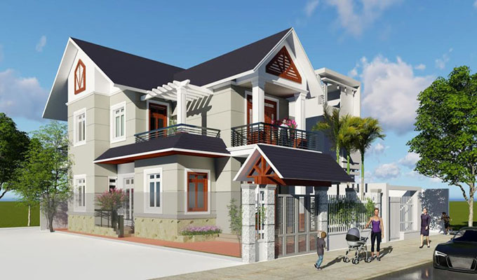 Kiến trúc ngoại thất biệt thự 2 tầng mái thái tại Hải Dương