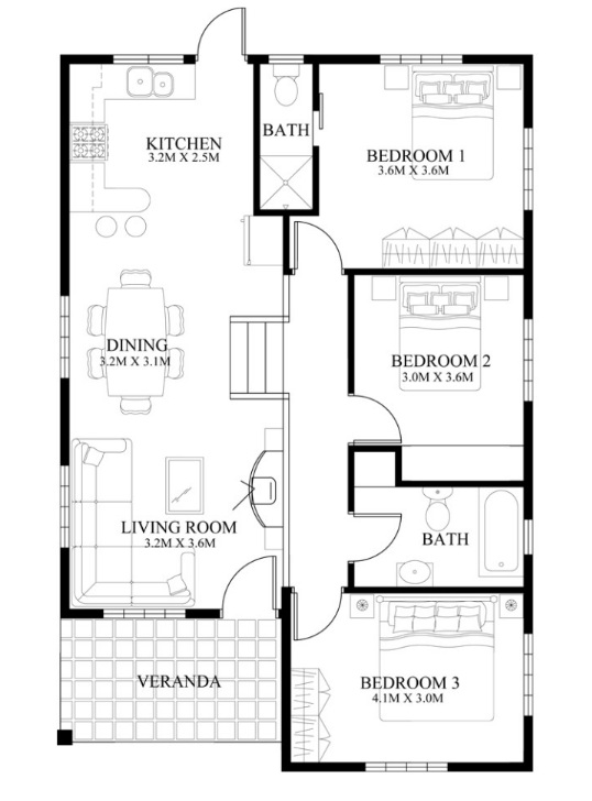 Mẫu nhà cấp 4 diện tích 8,5x14,5m kiểu mái dốc đẹp mắt với 3 phòng ngủ - 3
