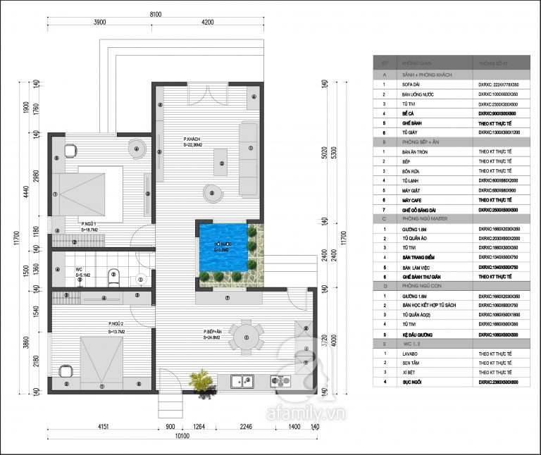 Mặt bằng mẫu tư vấn thiết kế nội thất cho nhà vườn 4 mặt thoáng