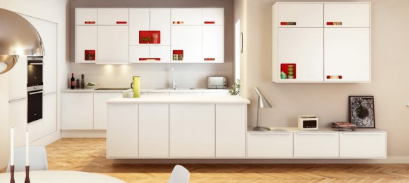 11. Khu bếp đẹp được nhấn bơi tông màu đỏ đẹp với chủ đạo là màu trắng